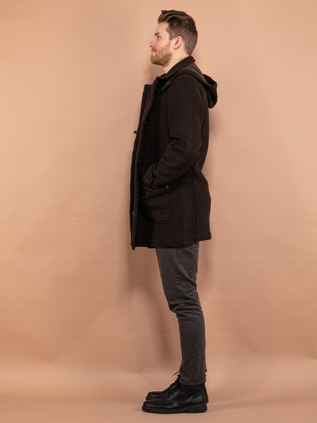 Vintage 90's Men Wool Blend Duffle Coat in Brown - NorthernGrip