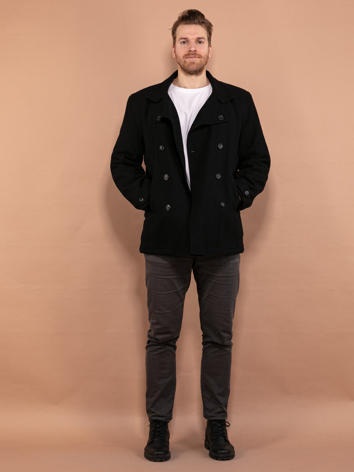 Vintage 90's Men Wool Blend Peacoat in Black - NorthernGrip