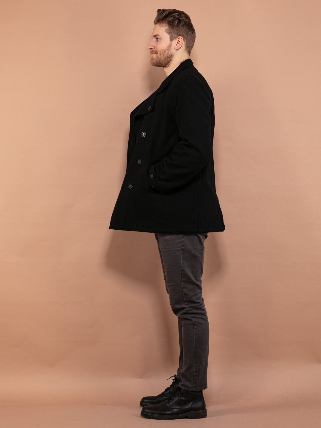 Vintage 90's Men Wool Blend Peacoat in Black - NorthernGrip