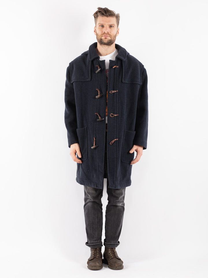 Vintage 90's Men Hooded Wool Duffle Coat in Blue