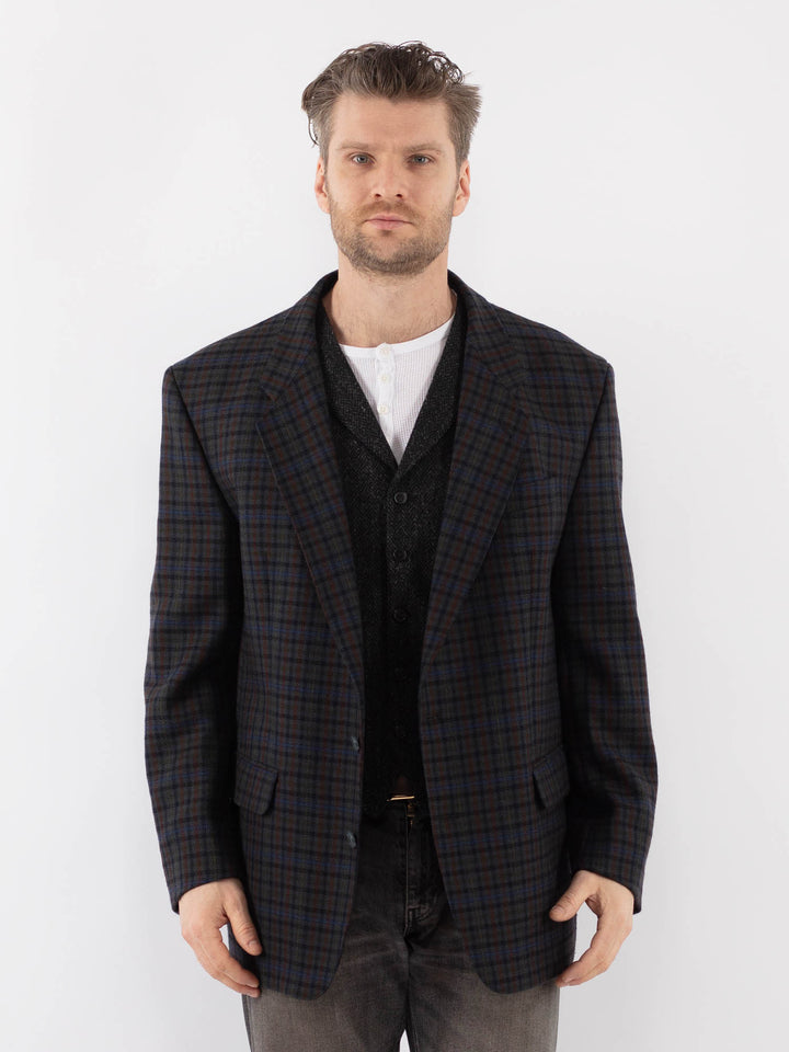 Vintage 90's Men Wool Blazer Jacket in Blue