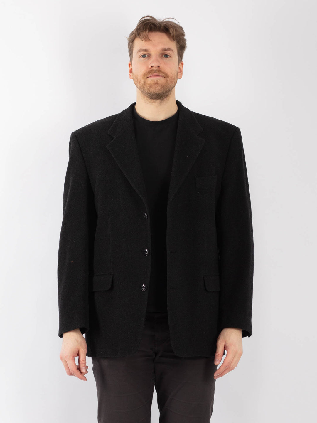 Vintage 90's Men Cashmere Wool Blend Blazer Jacket in Dark Gray