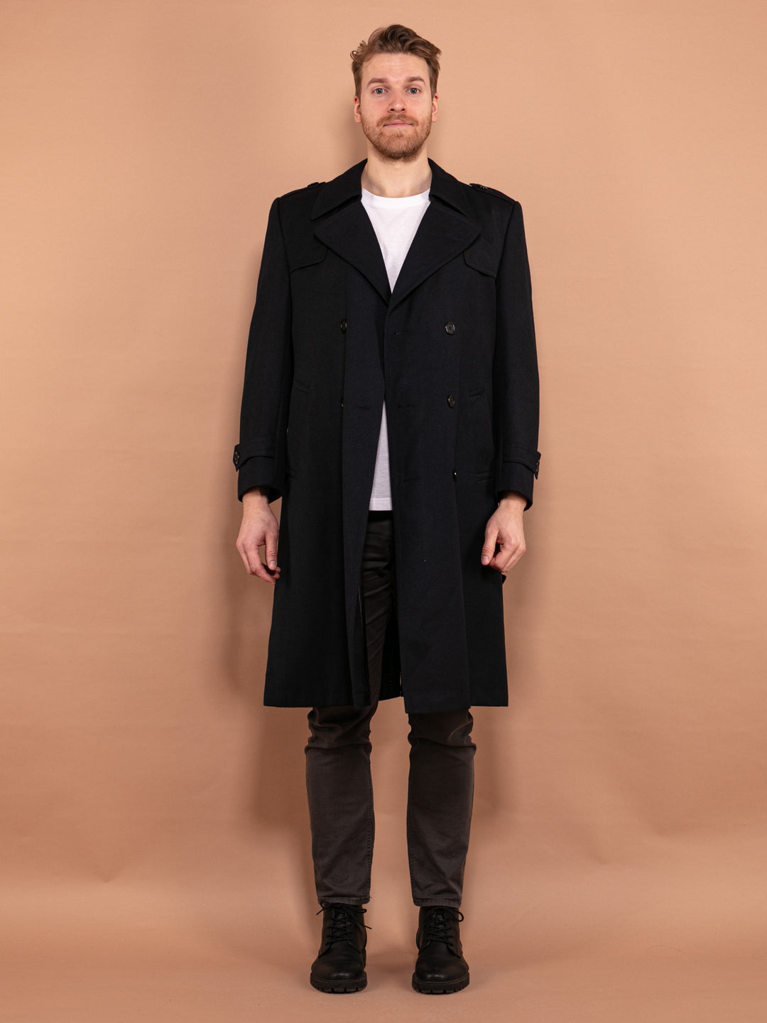 Vintage 90's Men Wool Trench Coat in Navy Blue - NorthernGrip