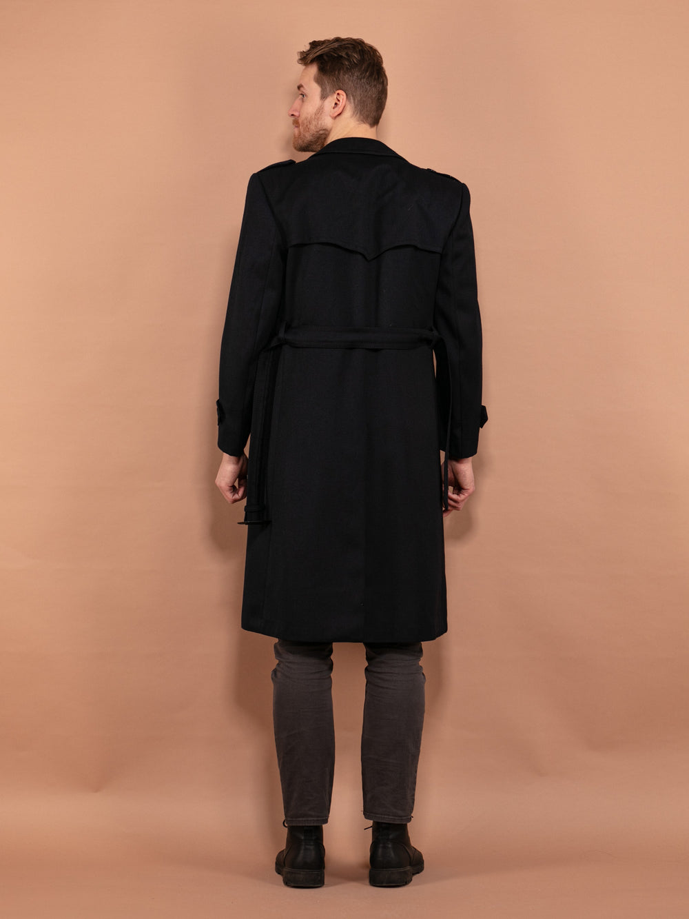 Vintage 90's Men Wool Trench Coat in Navy Blue - NorthernGrip