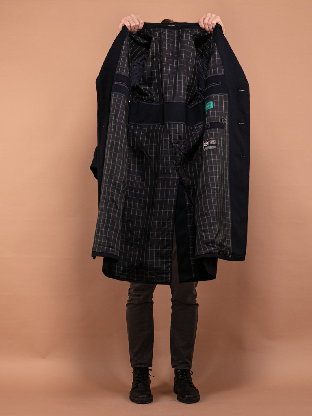 Vintage 90's Men Wool Trench Coat in Navy Blue - NorthernGrip