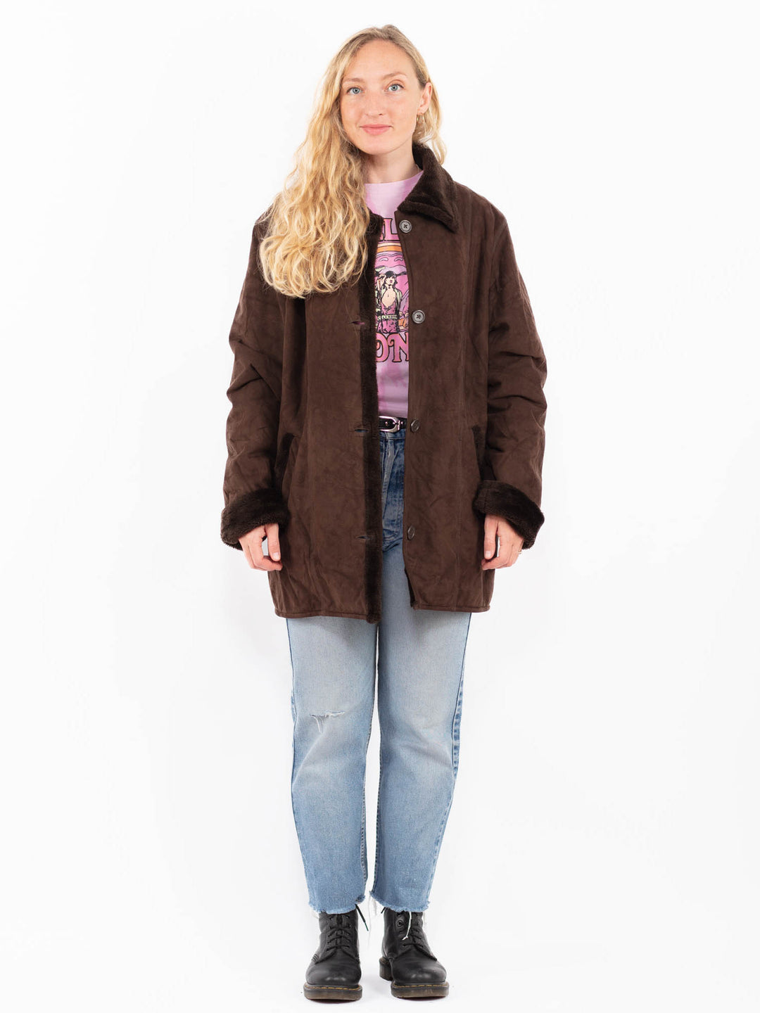 Vintage 90's Women Faux Sheepskin Coat in BrownA0492
