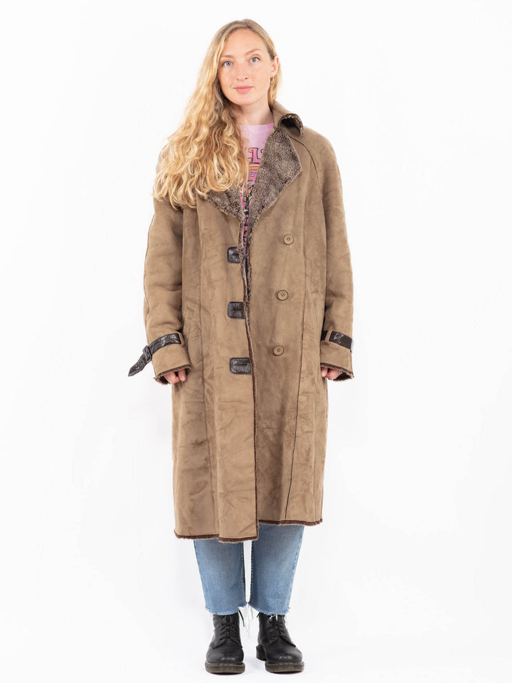 Vintage 90's Women Faux Sheepskin Coat in BeigeA0495