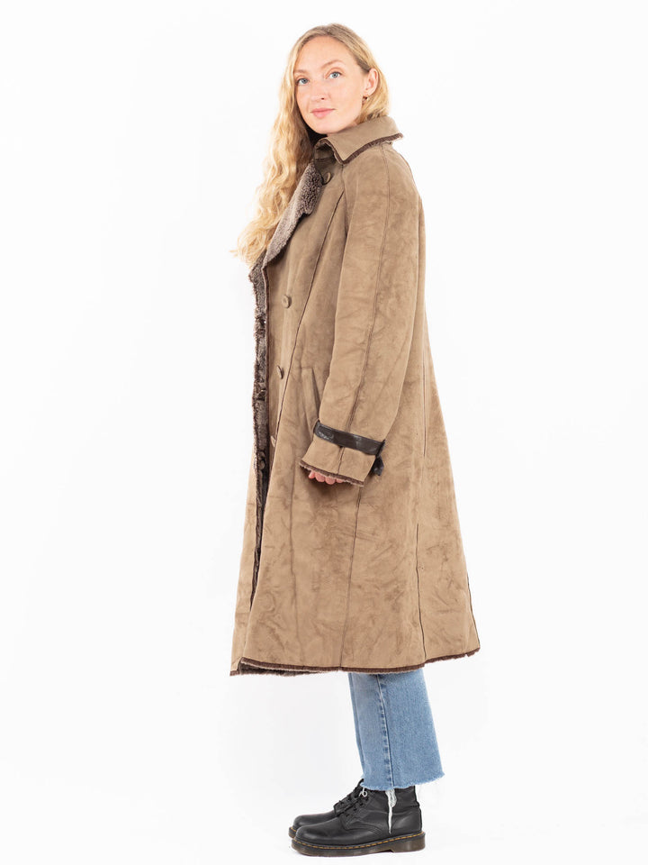 Vintage 90's Women Faux Sheepskin Coat in BeigeA0495