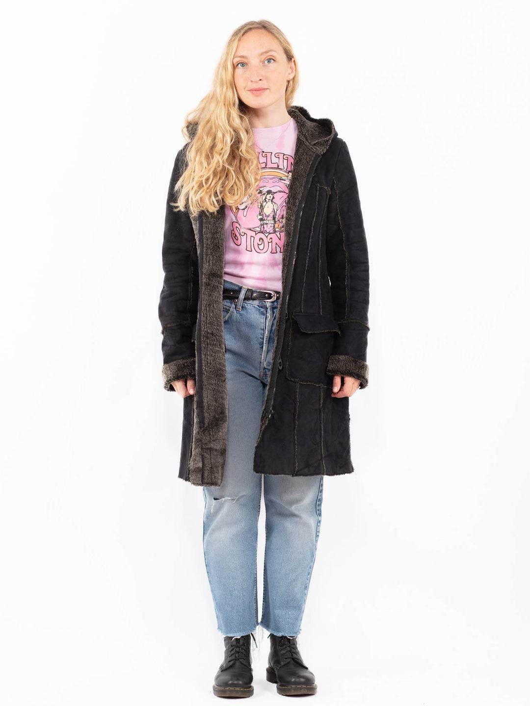 Vintage 90's Women Faux Sheepskin Coat in BlackA0512