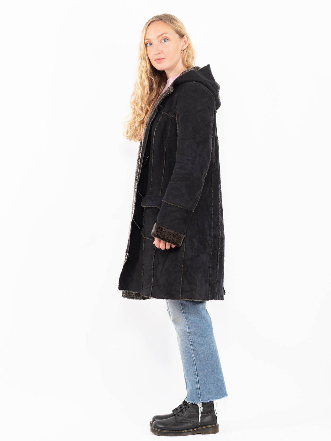 Vintage 90's Women Faux Sheepskin Coat in BlackA0512