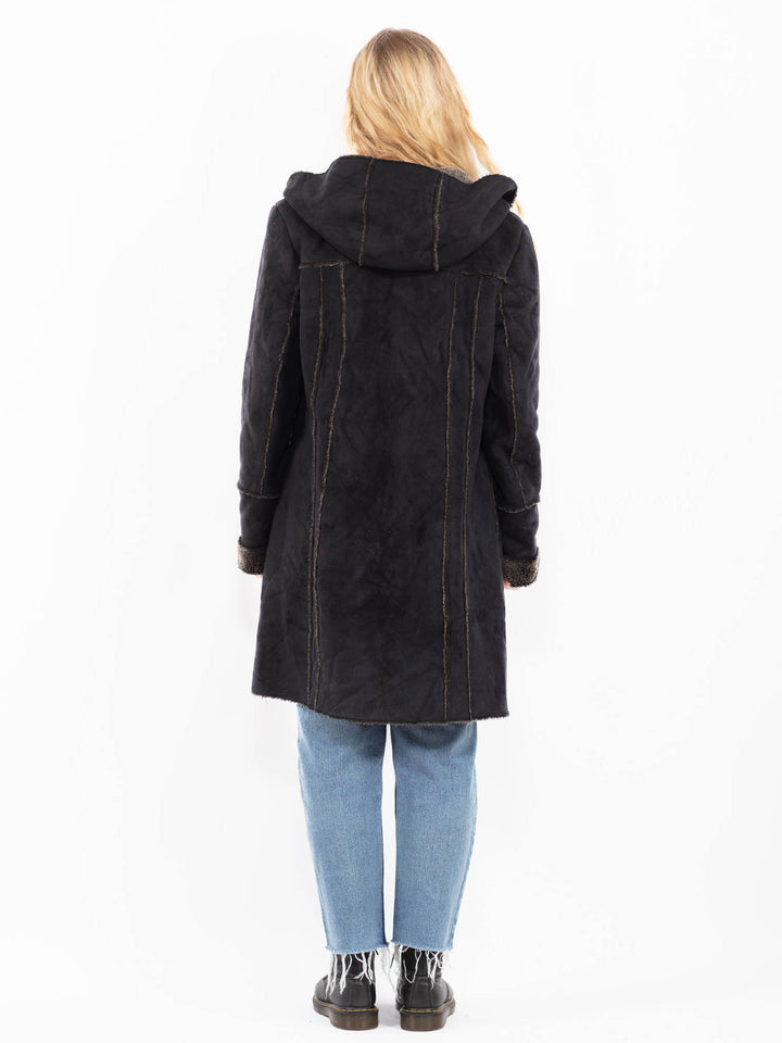 Vintage 90's Women Faux Sheepskin Coat in BlackA0512