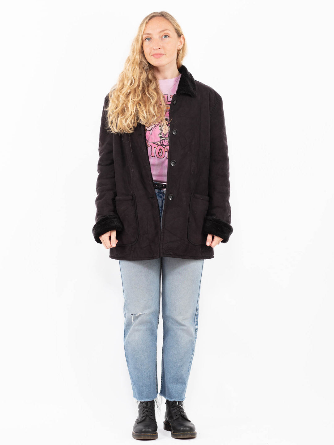 Vintage 90's Women Faux Sheepskin Coat in BlackA0515