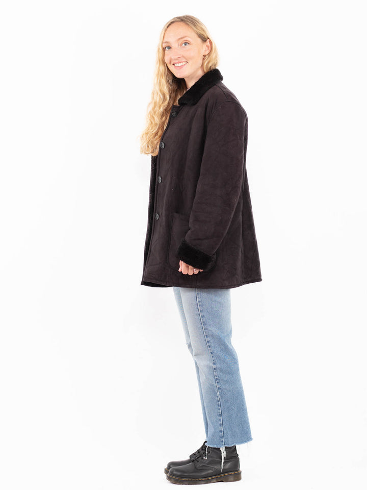 Vintage 90's Women Faux Sheepskin Coat in BlackA0515