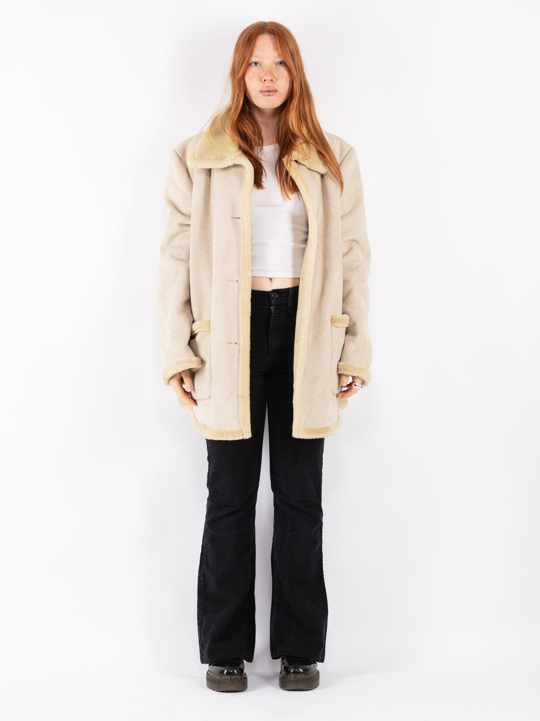 Vintage 90's Women Faux Sheepskin Coat in Beige