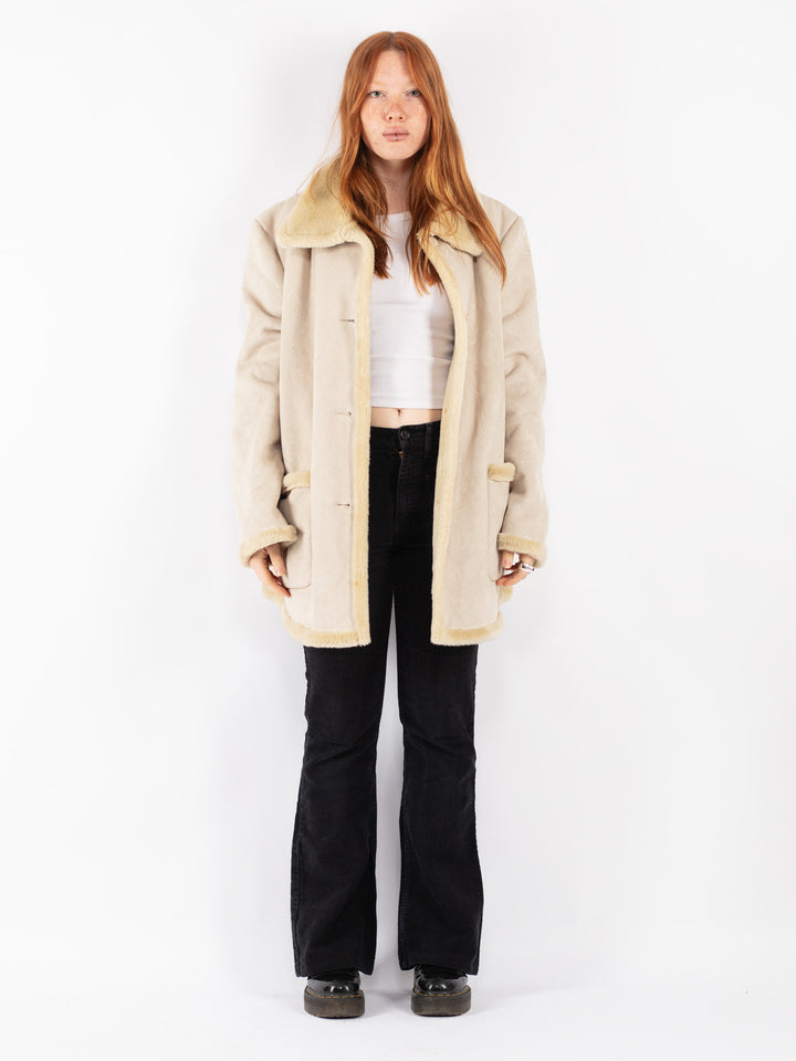 Vintage 90's Women Faux Sheepskin Coat in Beige