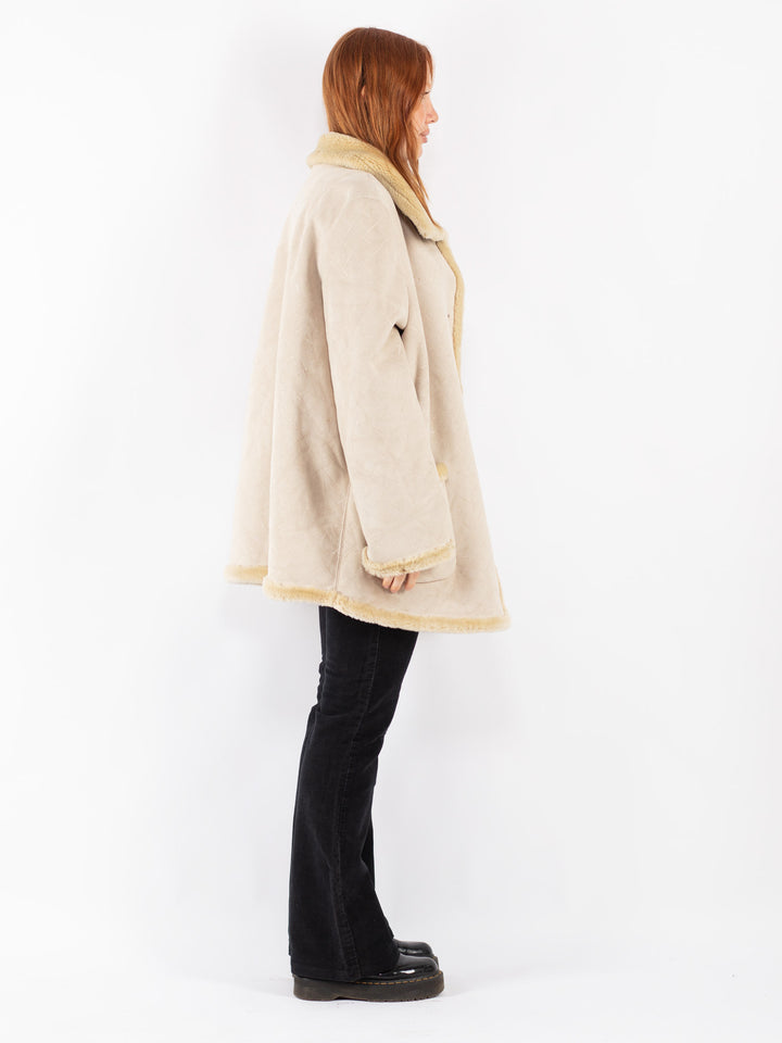 Vintage 90's Women Faux Sheepskin Coat in Beige