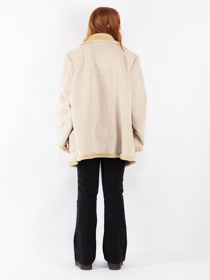 Vintage 90's Women Faux Sheepskin Coat in Beige