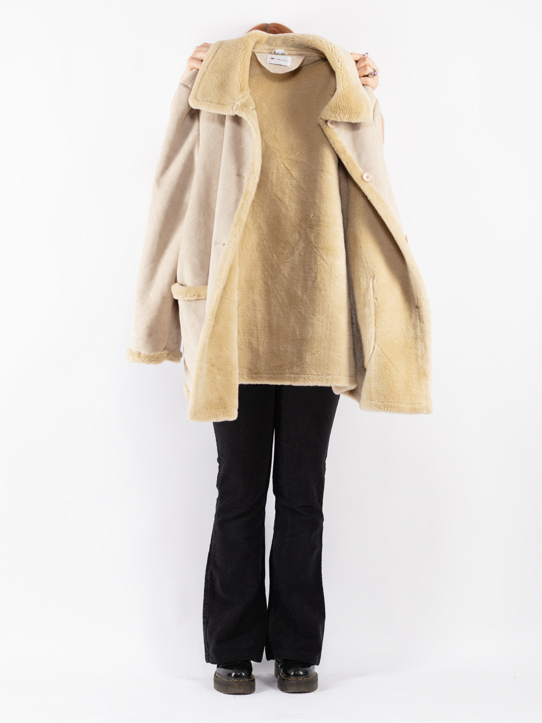 Vintage 90's Women Faux Sheepskin Coat in Beige