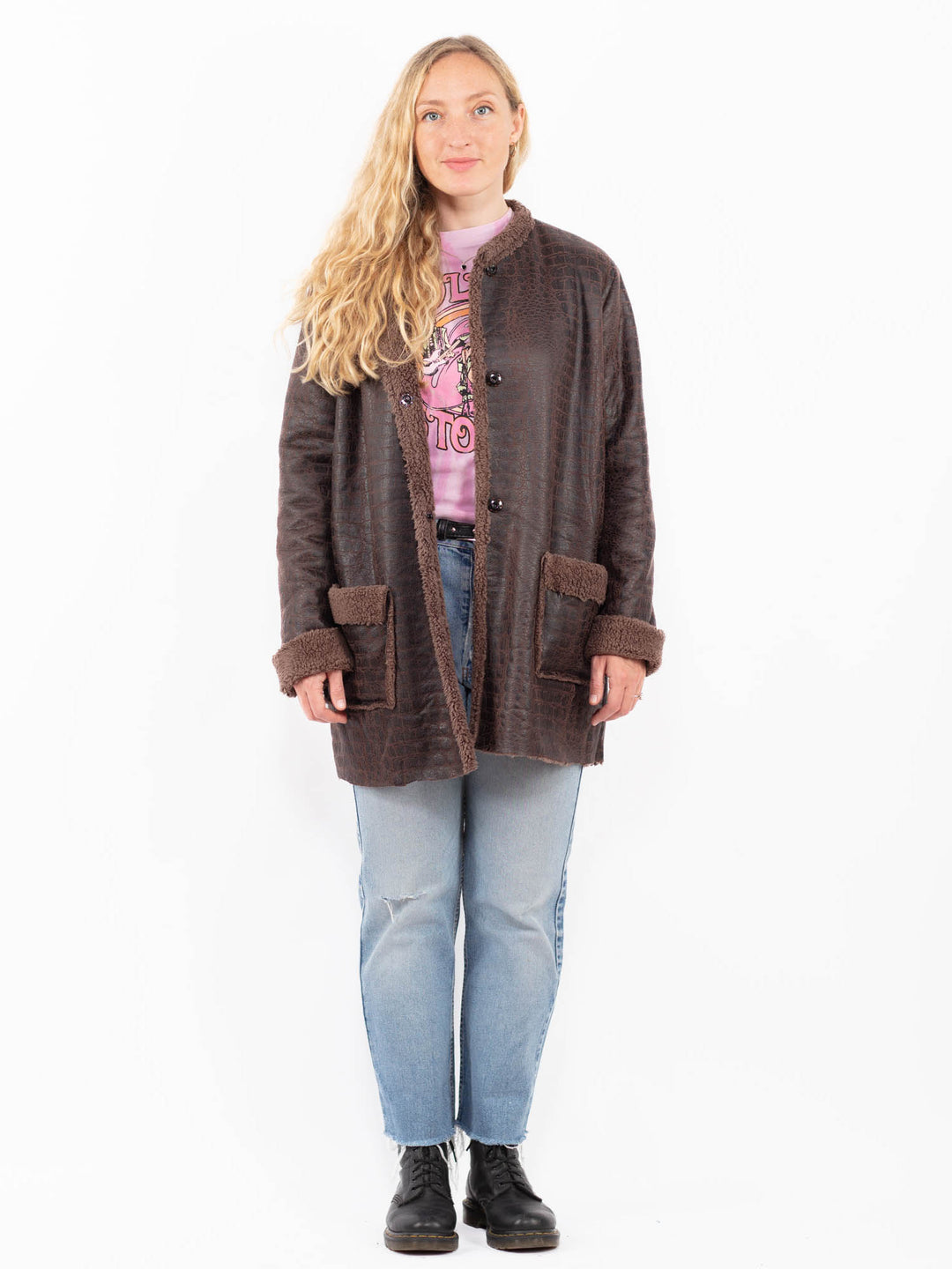 Vintage 90's Women Faux Sheepskin Coat in BrownA0528