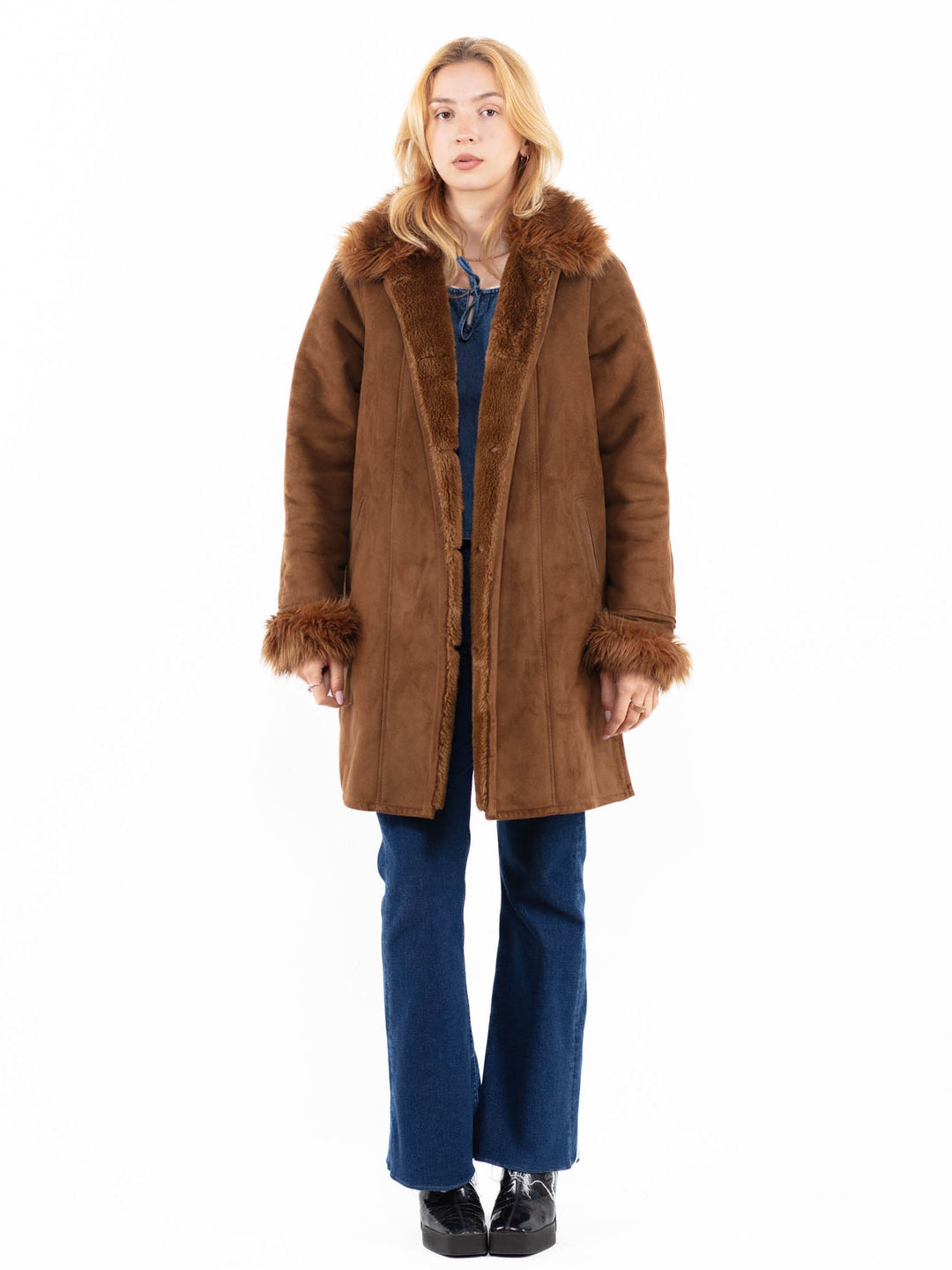 Vintage 90's Women Faux Sheepskin Coat in BrownA0074