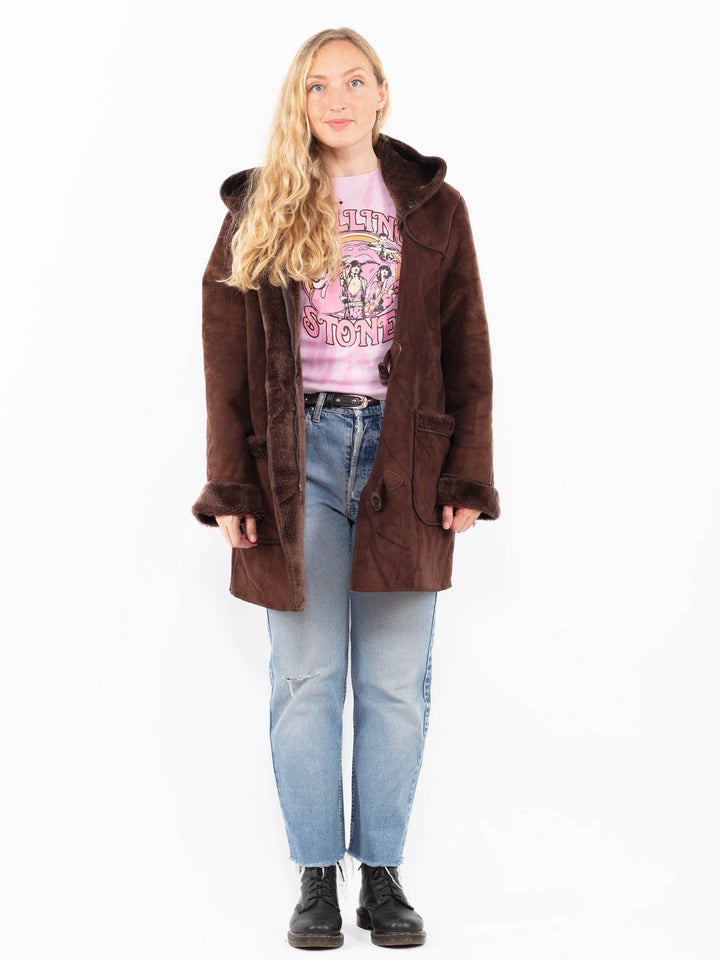 Vintage 90's Women Faux Sheepskin Coat in BrownA0534