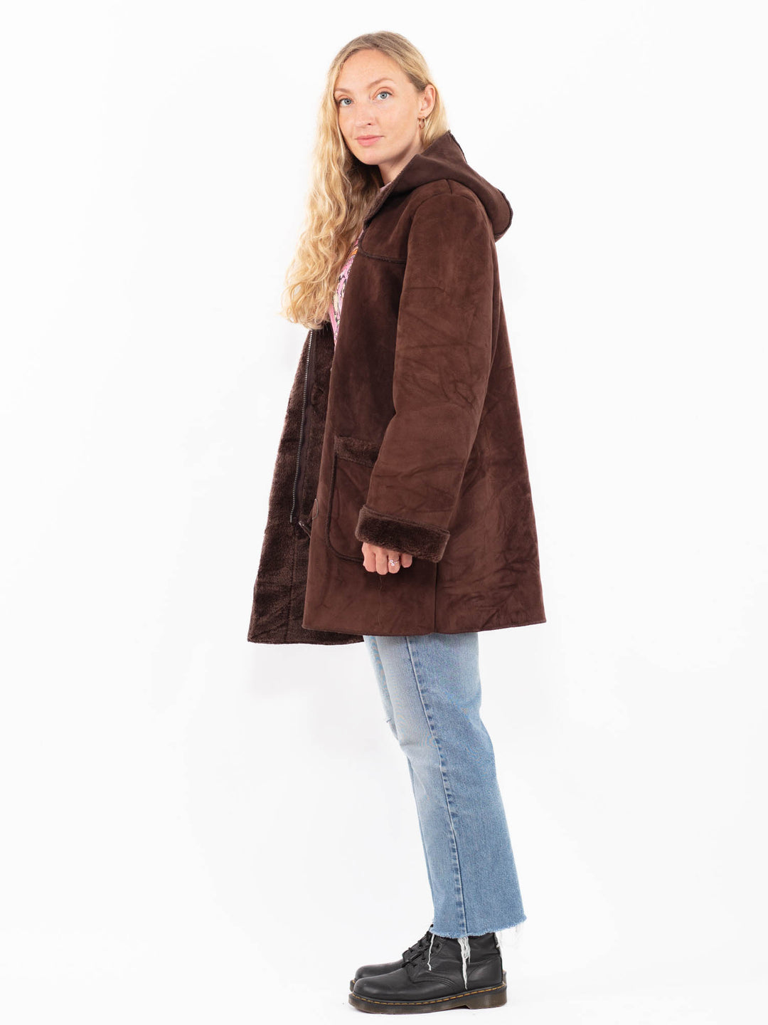 Vintage 90's Women Faux Sheepskin Coat in BrownA0534