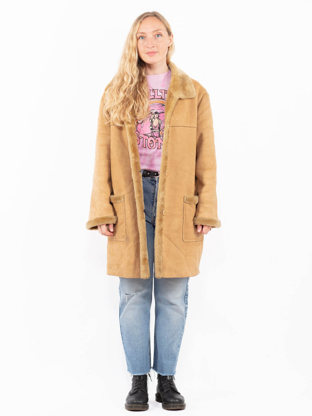 Vintage 90's Women Faux Sheepskin Coat in BeigeA0538