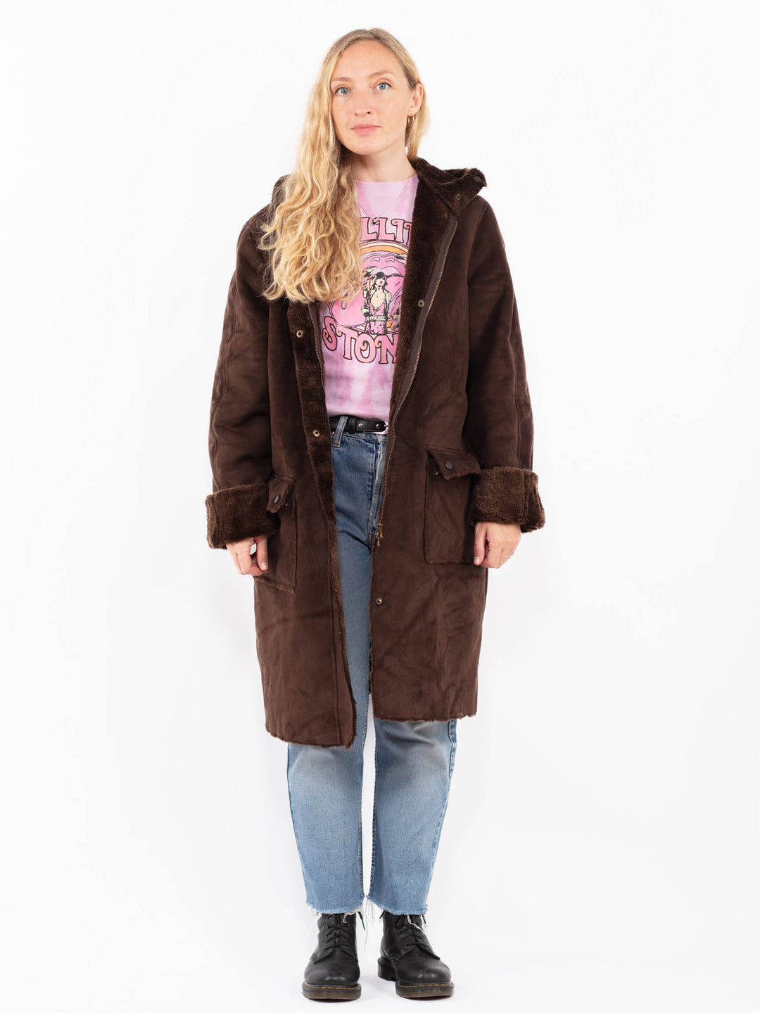 Vintage 90's Women Faux Sheepskin Coat in BrownA0545