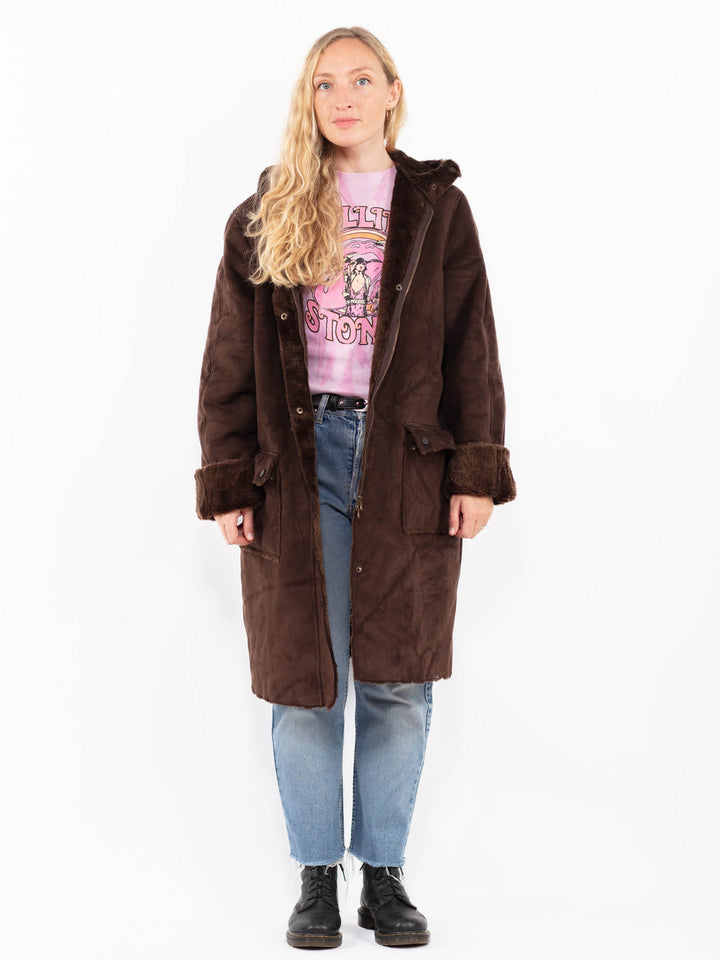 Vintage 90's Women Faux Sheepskin Coat in BrownA0545