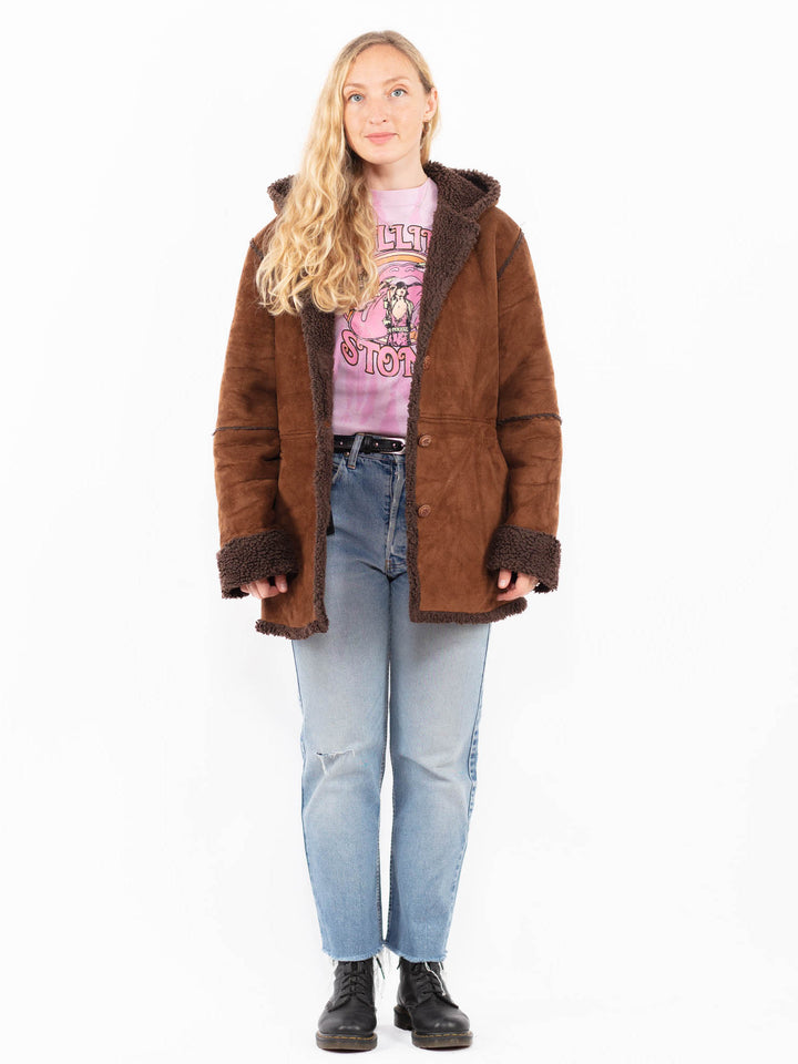 Vintage 90's Women Faux Sheepskin Coat in BrownA0549