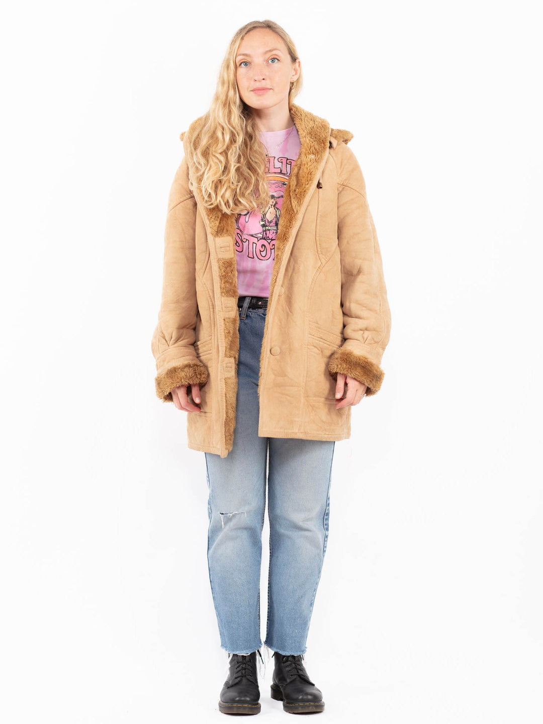 Vintage 90's Women Faux Sheepskin Coat in BeigeA0551