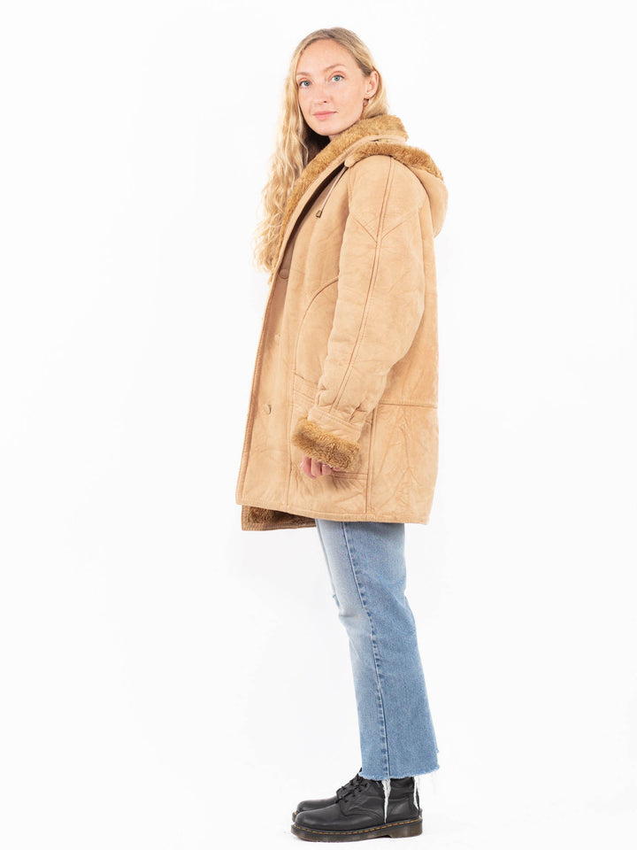 Vintage 90's Women Faux Sheepskin Coat in BeigeA0551