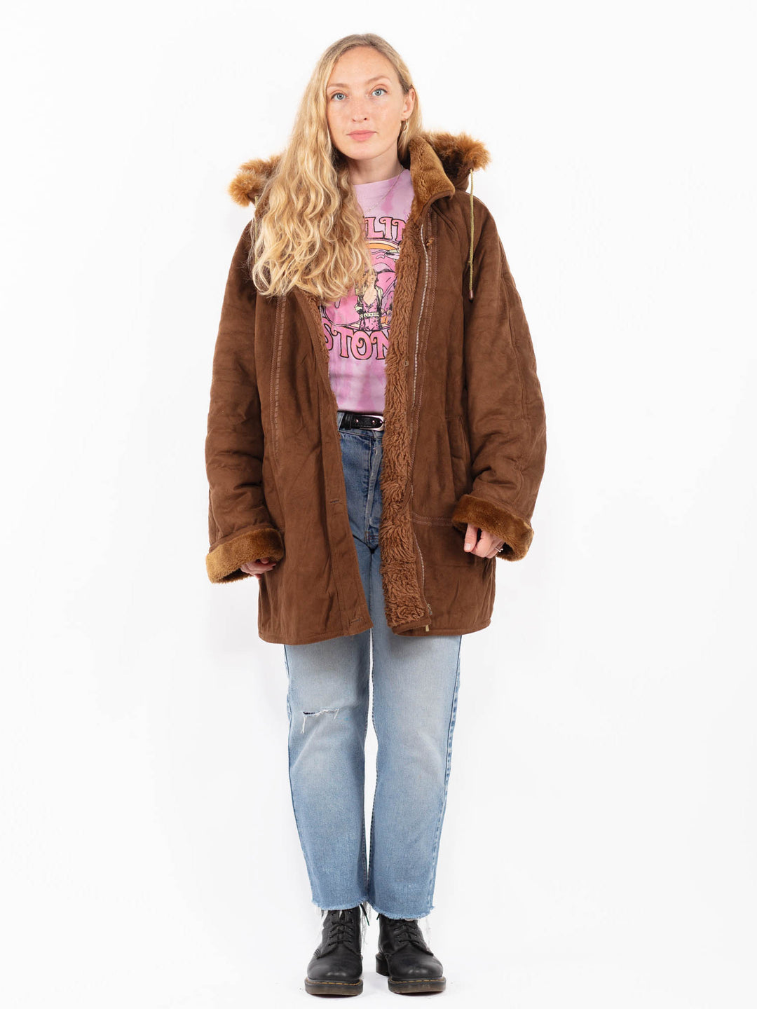 Vintage 90's Women Faux Sheepskin Coat in BrownA0552