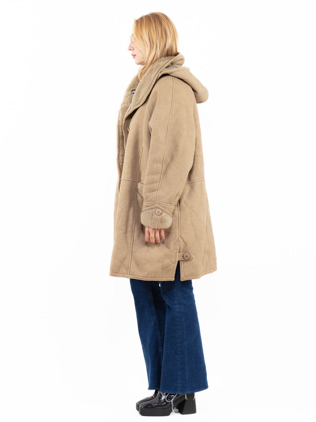 Vintage 90's Women Faux Sheepskin Coat in BeigeA0095