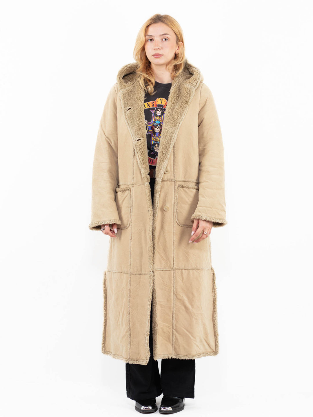 Vintage 90's Women Faux Sheepskin Coat in BeigeA0201