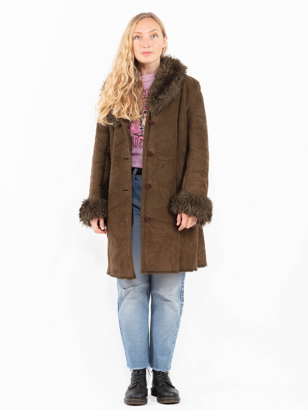 Vintage 90's Women Faux Sheepskin Coat in GreenA0556