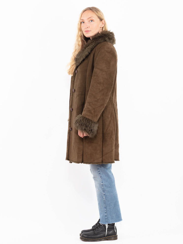 Vintage 90's Women Faux Sheepskin Coat in GreenA0556