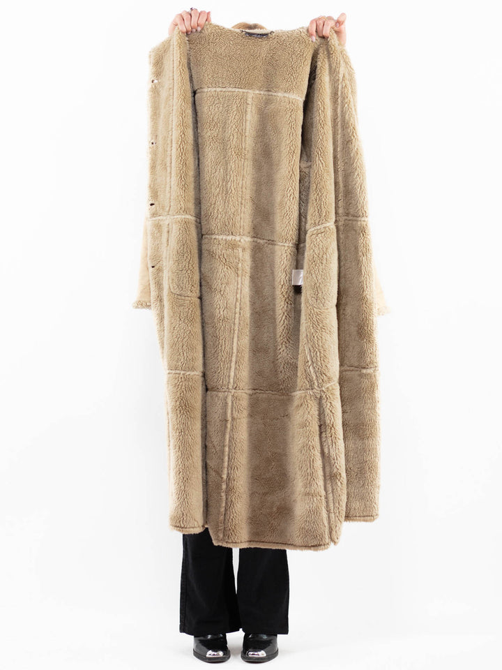 Vintage 90's Women Faux Sheepskin Coat in BeigeA0201