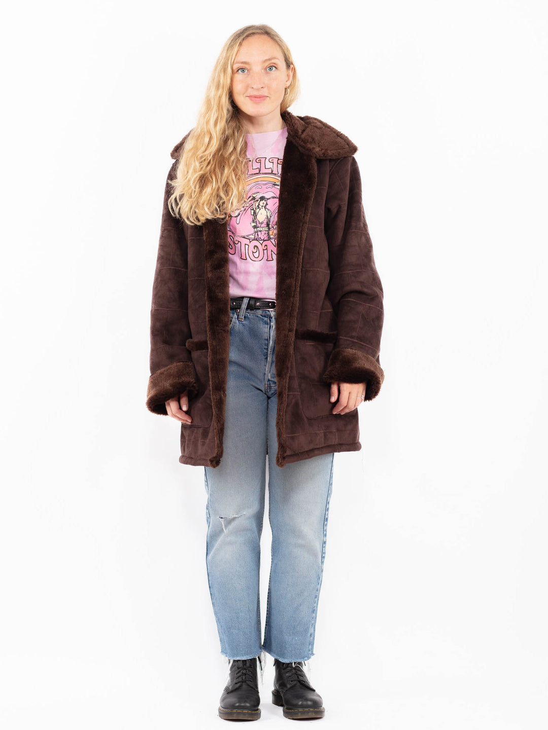 Vintage 90's Women Faux Sheepskin Coat in BrownA0559
