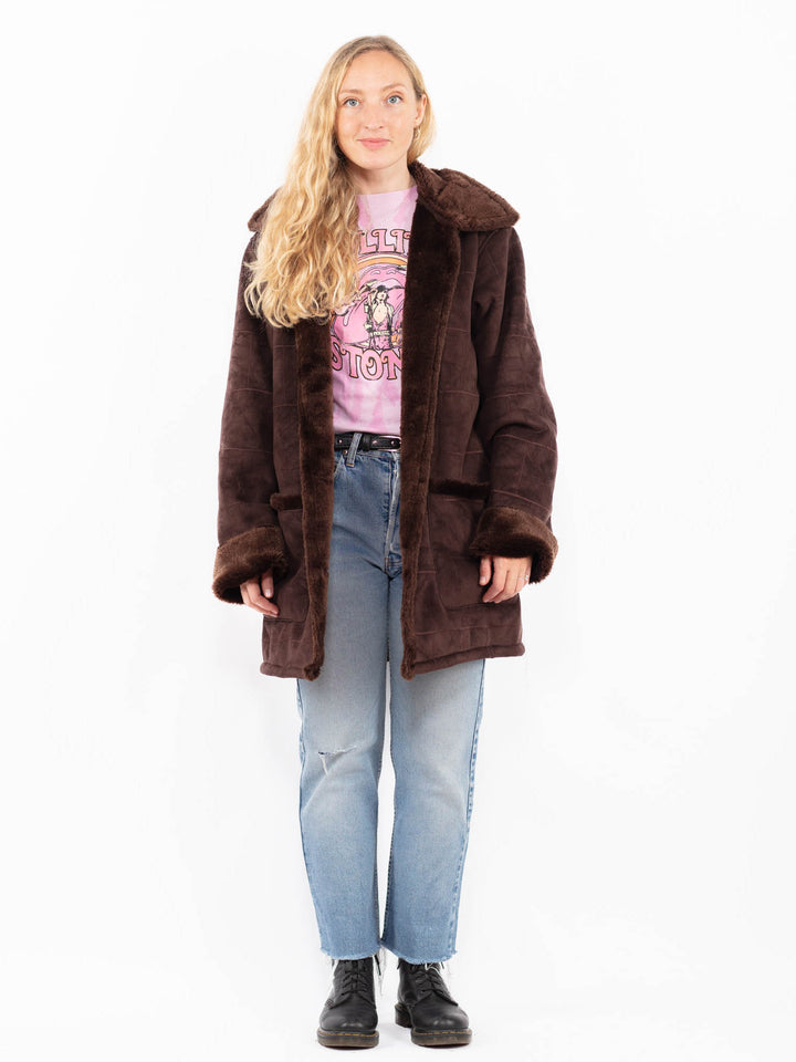 Vintage 90's Women Faux Sheepskin Coat in BrownA0559
