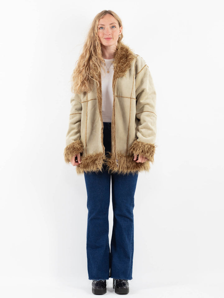 Vintage 90's Women Faux Sheepskin Coat in BeigeV9911
