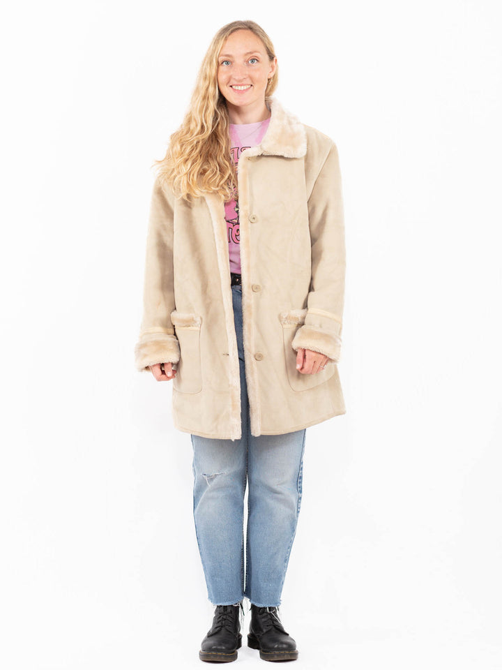 Vintage 90's Women Faux Sheepskin Coat in BeigeA0560
