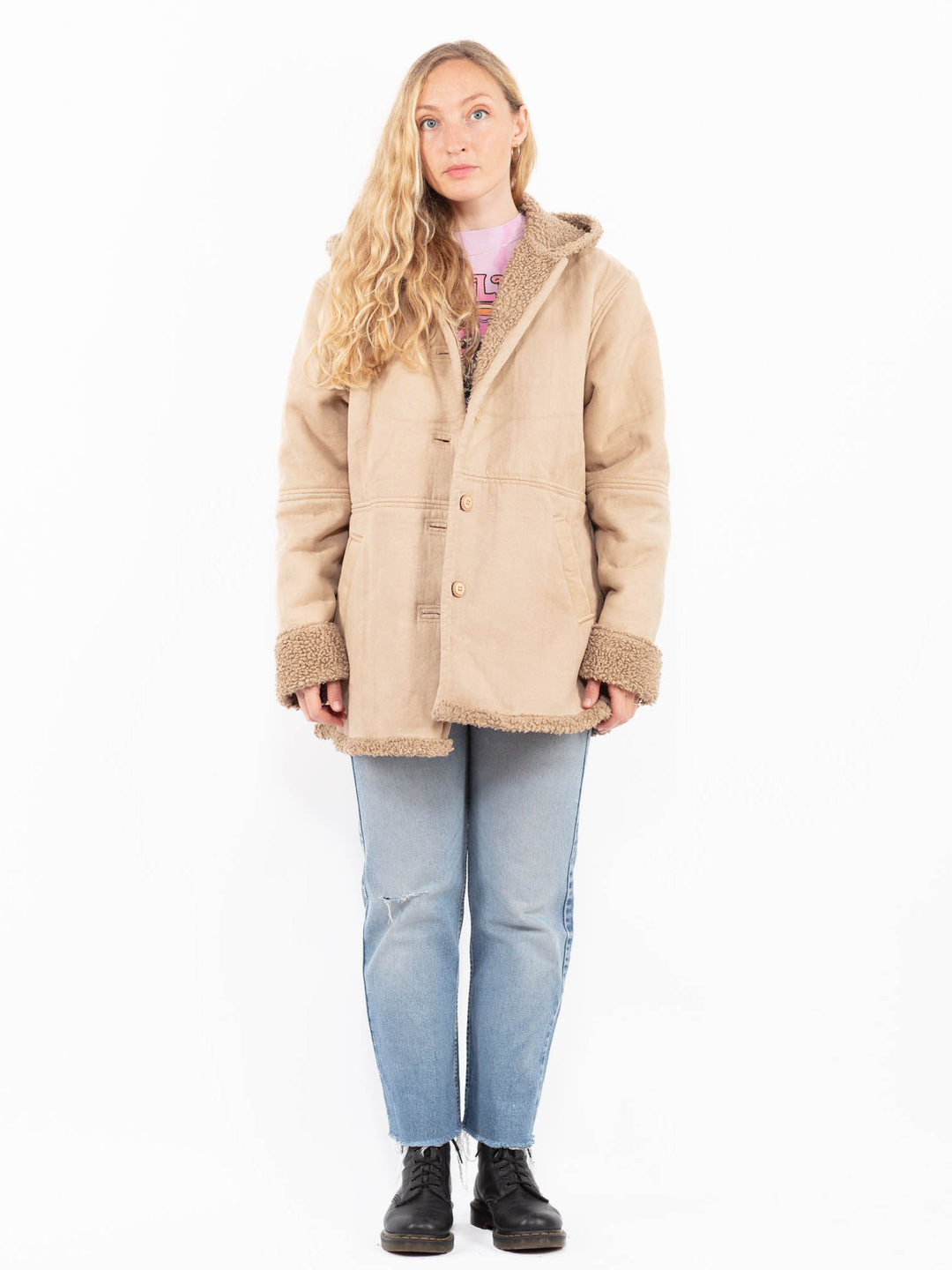 Vintage 00's Women Faux Sheepskin Coat in BeigeA0563