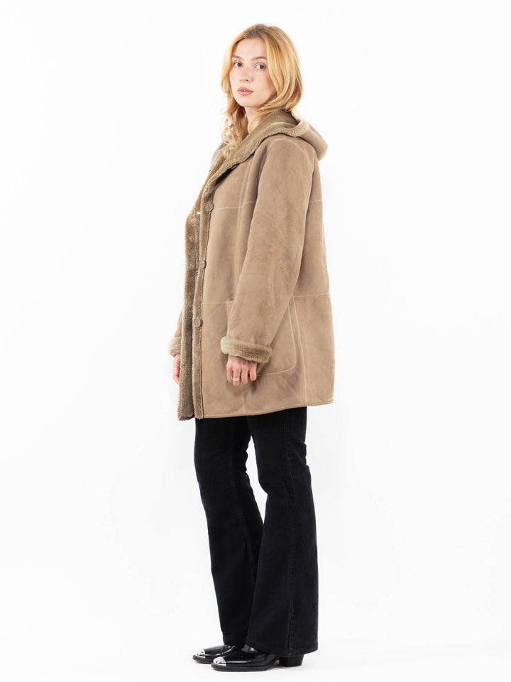 Vintage 90's Women Faux Sheepskin Coat in BeigeA0209
