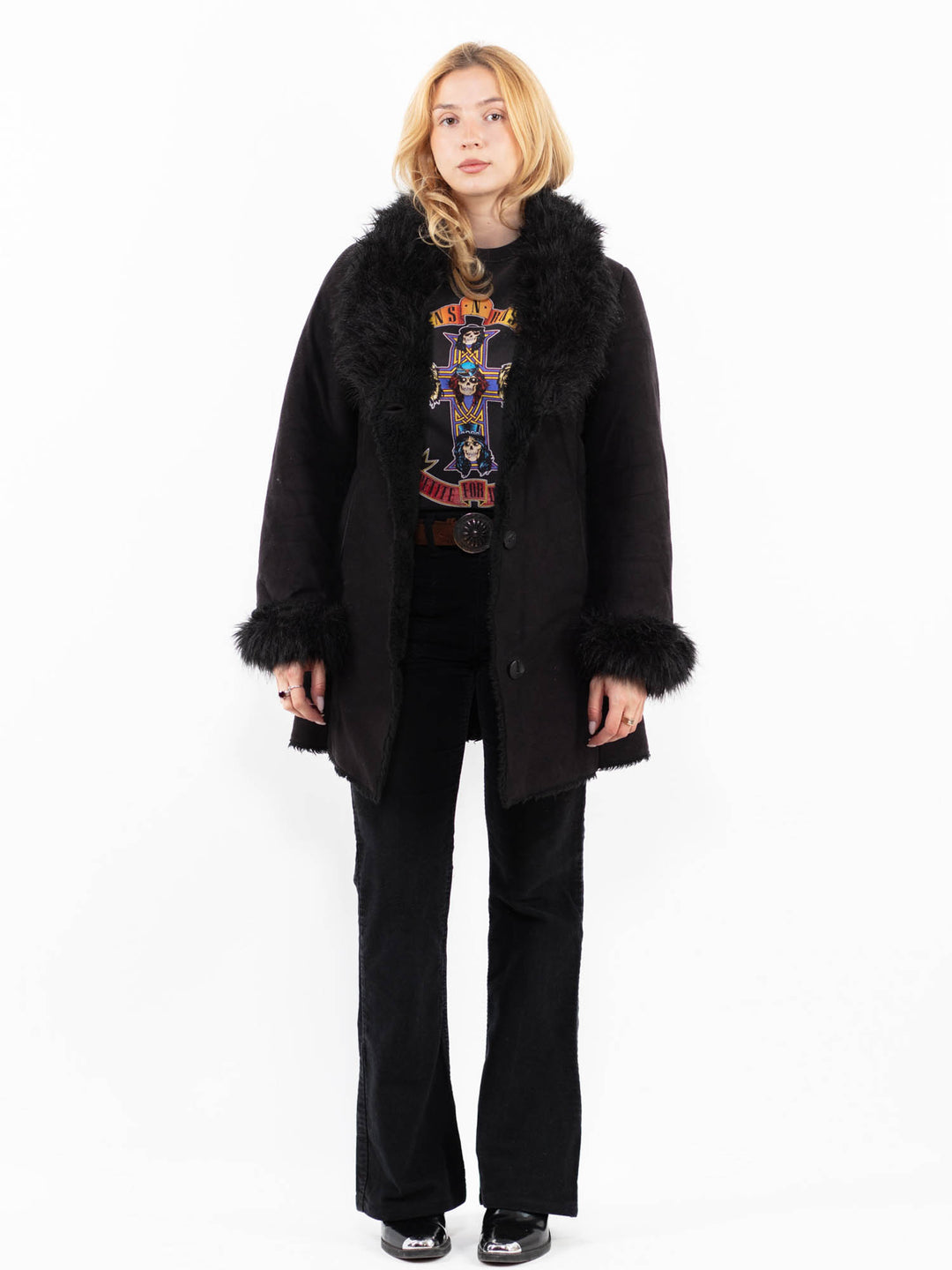 Vintage 90's Women Faux Sheepskin in BlackA0213