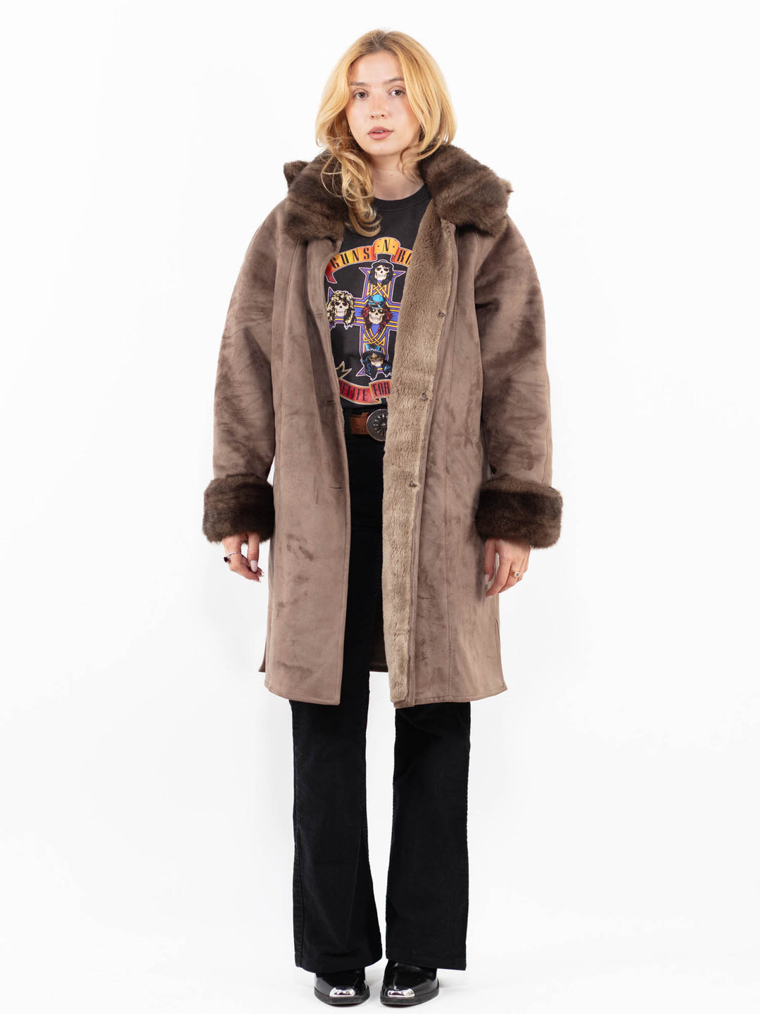 Vintage 90's Women Faux Sheepskin Coat in BeigeA0214