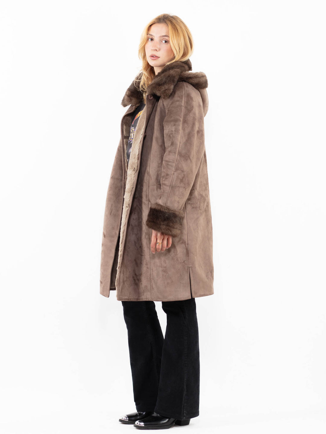 Vintage 90's Women Faux Sheepskin Coat in BeigeA0214