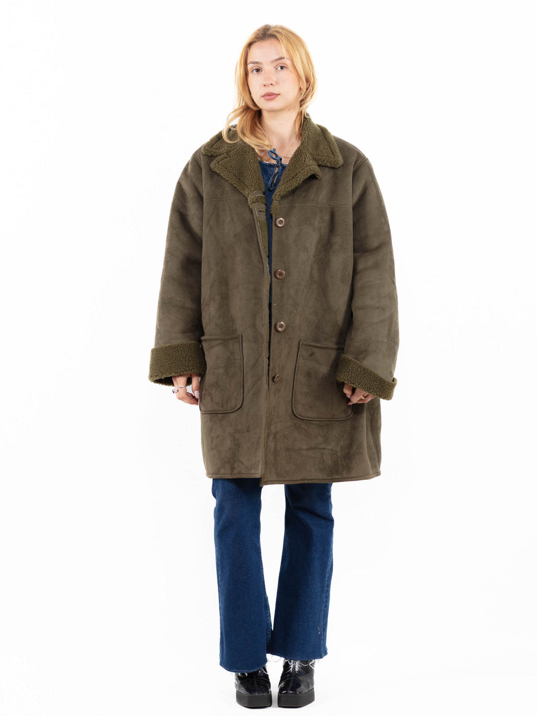 Vintage 90's Women Faux Sheepskin Coat in GreenA0111