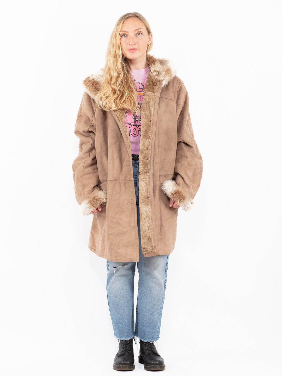 Vintage 90's Women Faux Sheepskin in BeigeA0572