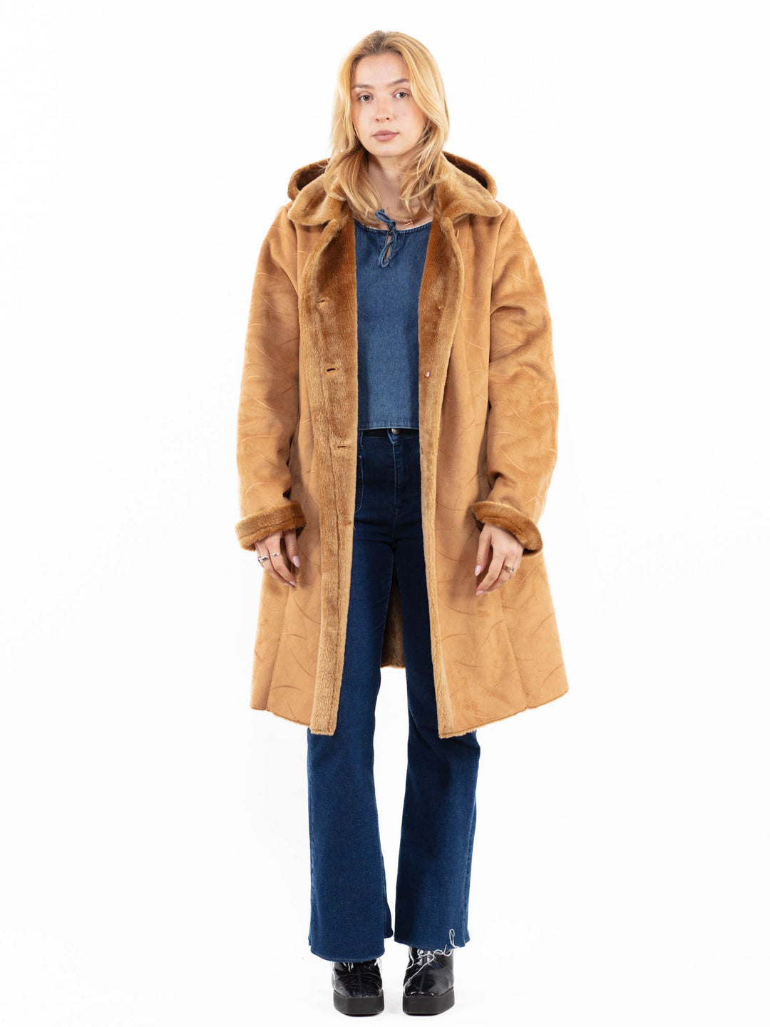 Vintage 90's Women Faux Sheepskin Coat in BeigeA0114